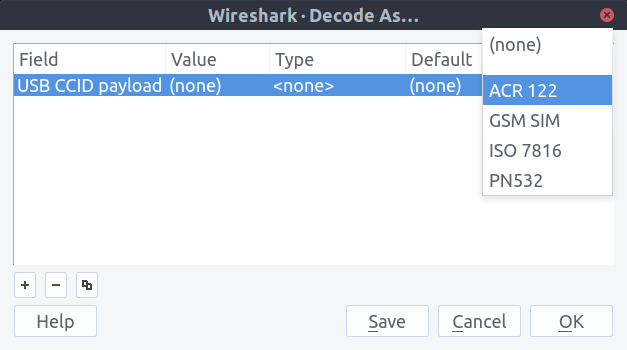 Selecting the ACR 122 dissector in Wireshark