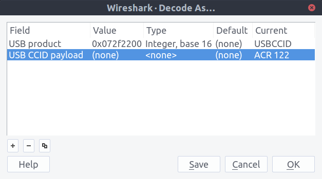 Selecting the USB CCID and ACR 122 dissectors in Wireshark