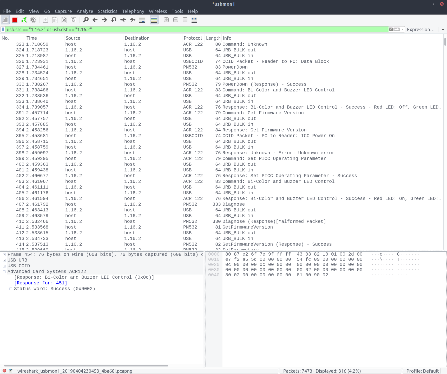 An assortment of ACR 122 packets recorded in Wireshark