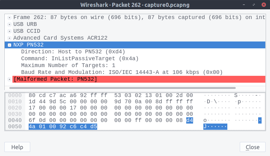 A second packet being examined in Wireshark