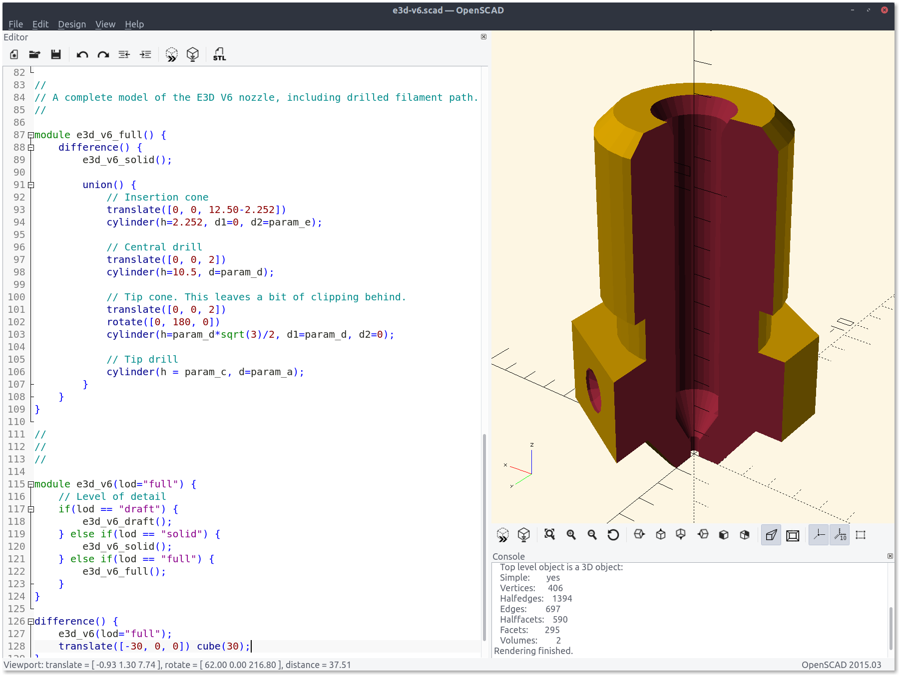 OpenSCAD interface, showing a render of the E3D V6 nozzle and part of the code that generates it