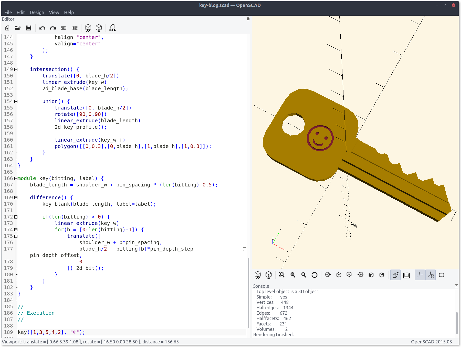 OpenSCAD interface, showing a render of a key and part of the code that generates it