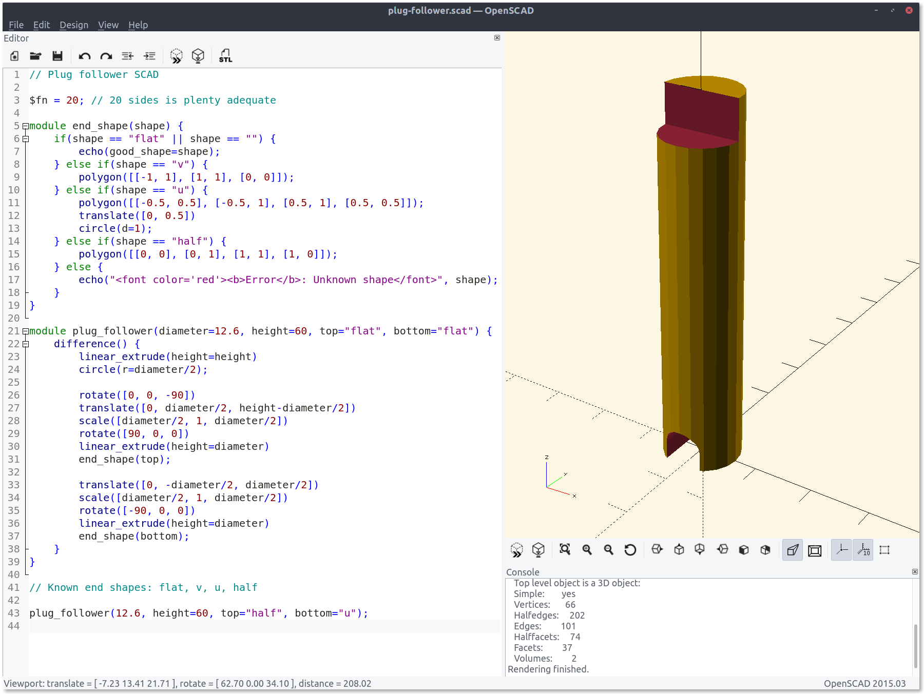 OpenSCAD interface, showing a render of a plug follower and the code that generates it