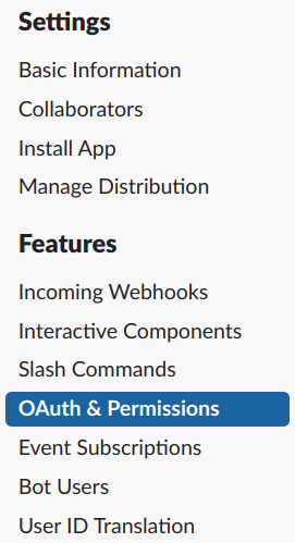 The Slack app configuration menu