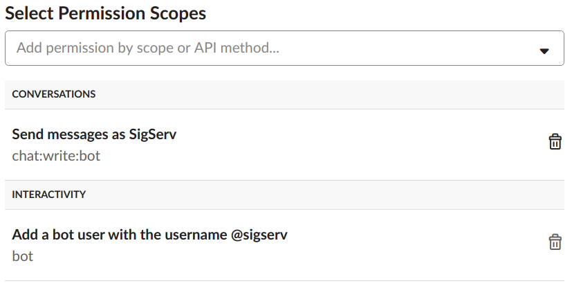 The permissions I've granted to my Slack app